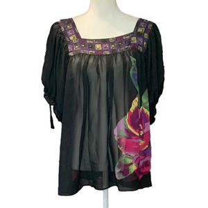 Beige by eci Woman 1X Black Floral Sheer Blouse